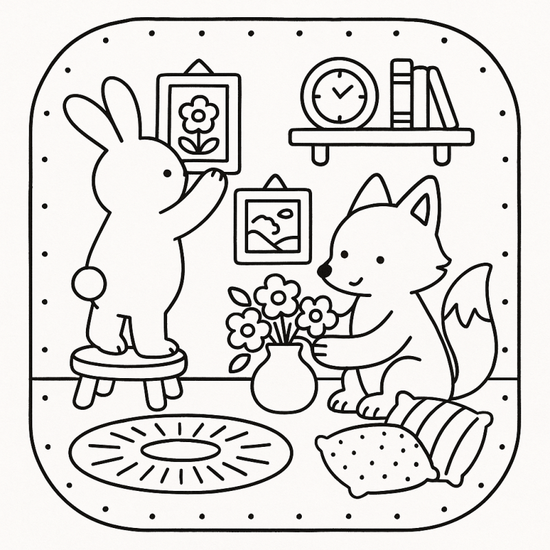 Cena fofa e acolhedora em casa com coelho e raposa para colorir