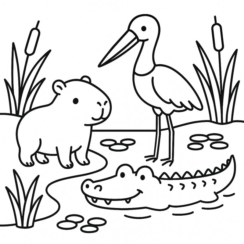 Desenho de Capivara e Seus Amigos para Colorir