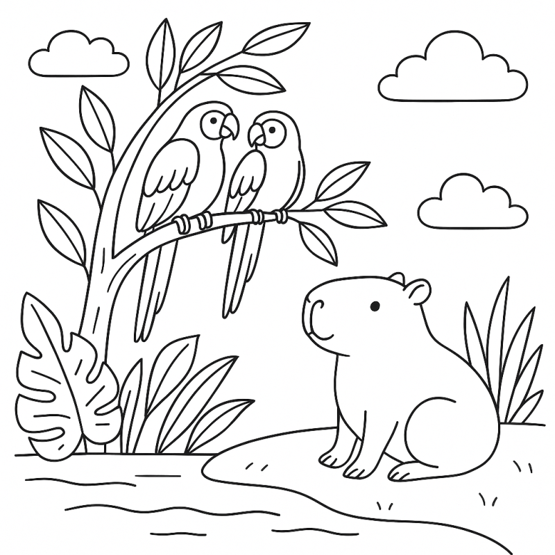 Desenho de Capivara em Ambiente Natural para Colorir