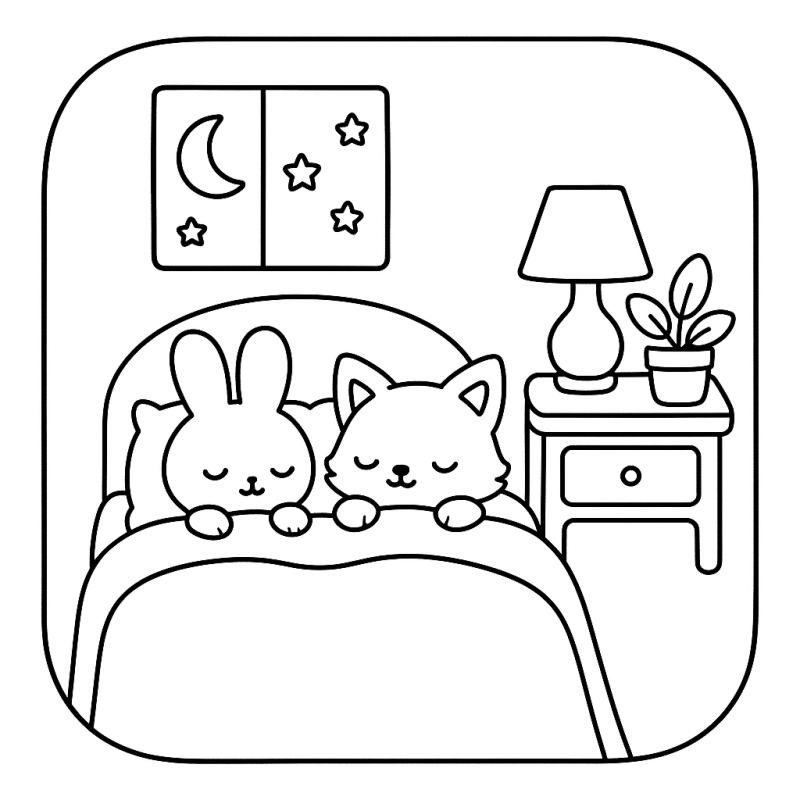 Desenho para colorir: cena aconchegante de coelhinho e gatinho sob estrelas