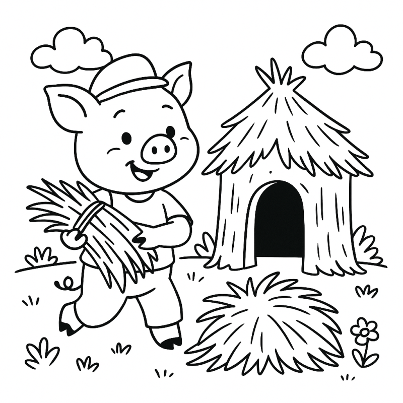Desenho para colorir: Porquinho sorridente com palha e casa de palha ao lado