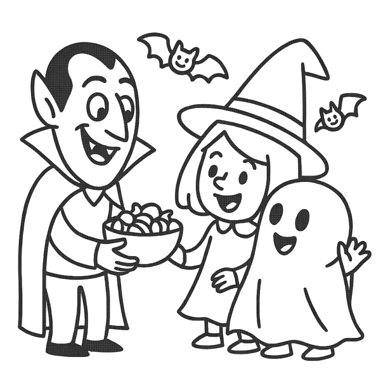 Desenho Divertido de Halloween: Vampiro, Bruxa e Fantasma Desenho de vampiro, bruxa e fantasma em uma cena de Halloween