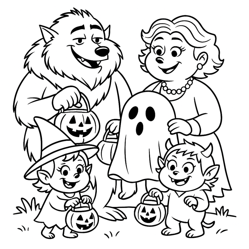 Desenho Alegre de Halloween: Lobisomem, Bruxa e Mais para Colorir Desenho alegre de Halloween com lobisomem, bruxa, fantasma e diabo para colorir