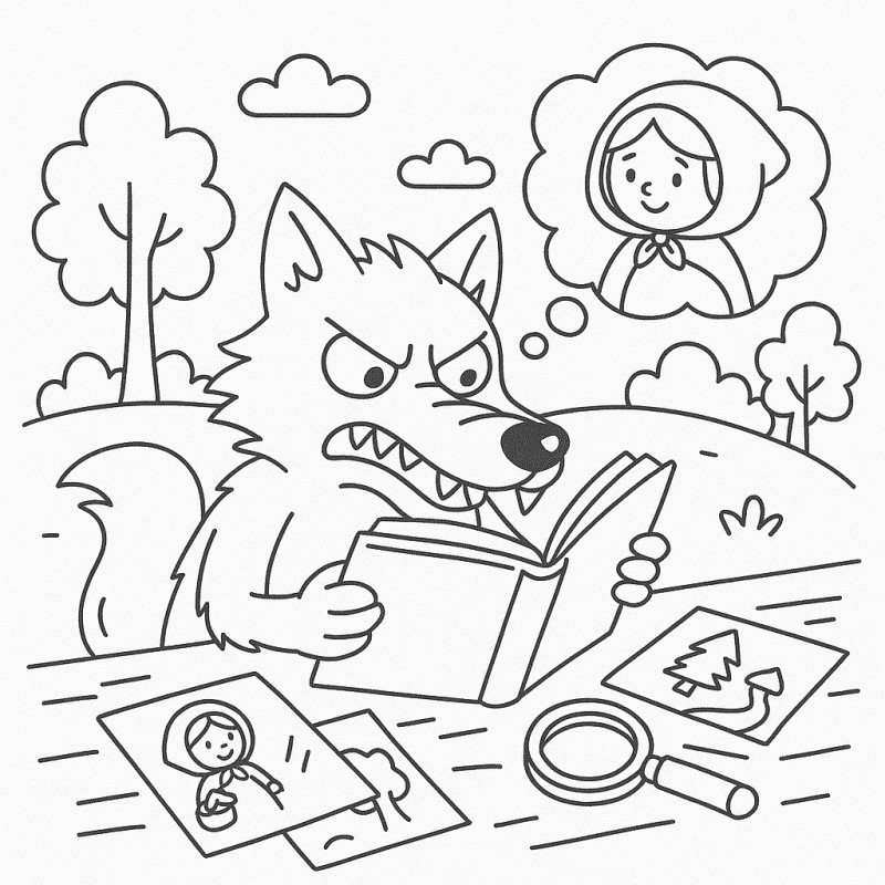 Lobo determinado com livro e plano da floresta inspirado em Chapeuzinho Vermelho para colorir