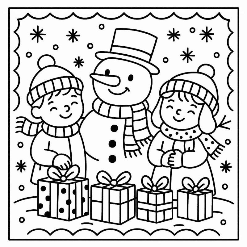 Desenho de cena natalina com boneco de neve e crianças sorridentes