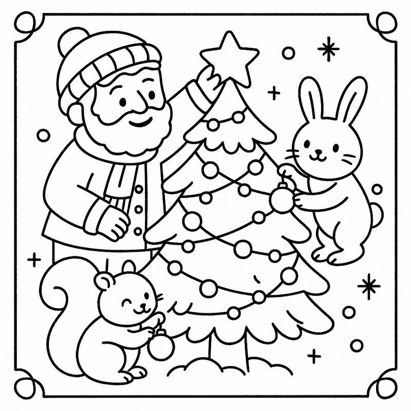 Desenho de uma cena natalina com árvore decorada e animais para colorir