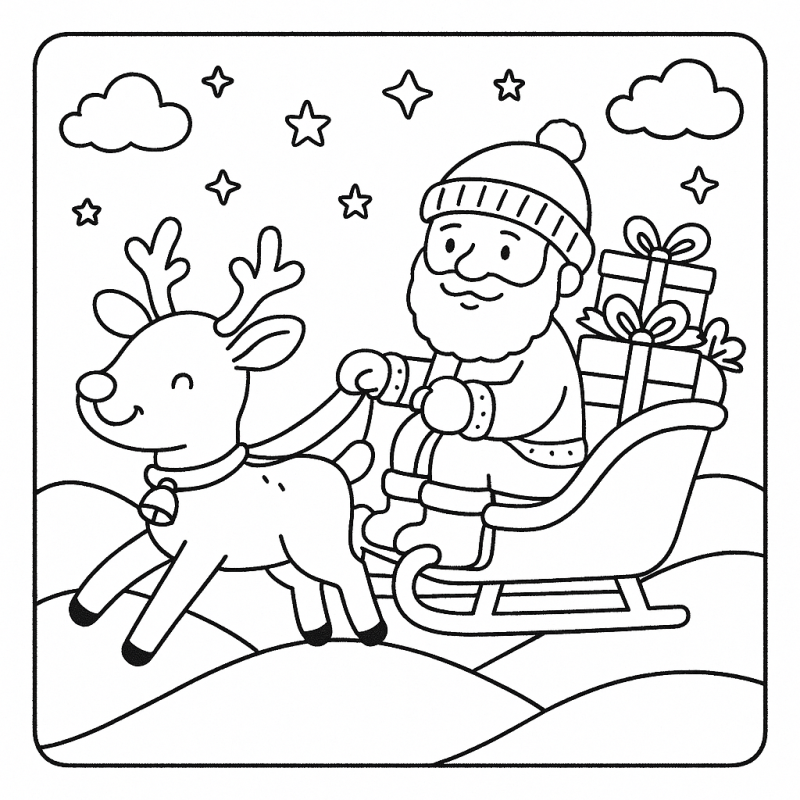 Desenho de Papai Noel em um trenó puxado por renas sob um céu estrelado