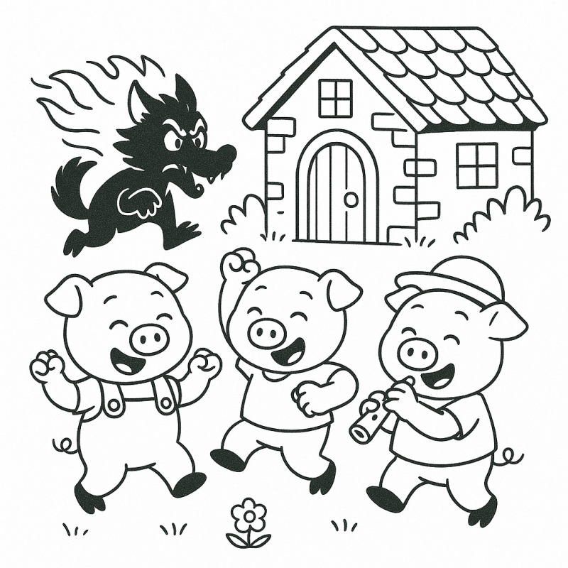 Desenho de três porquinhos com lobo feroz e casa de tijolos ao fundo