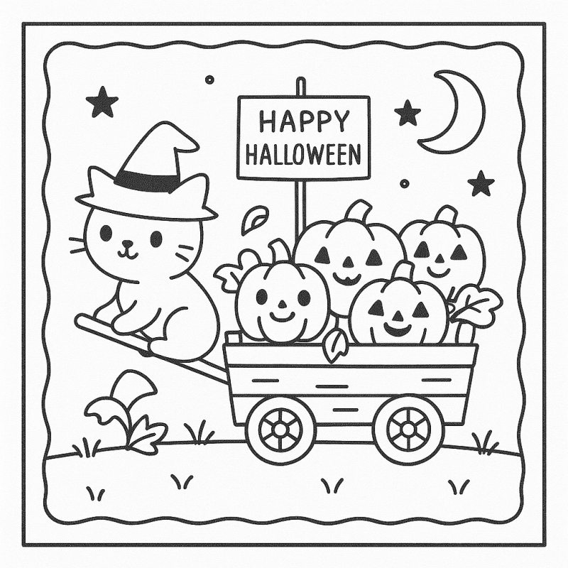 Desenho de Halloween: Gato e Carroça de Abóboras
