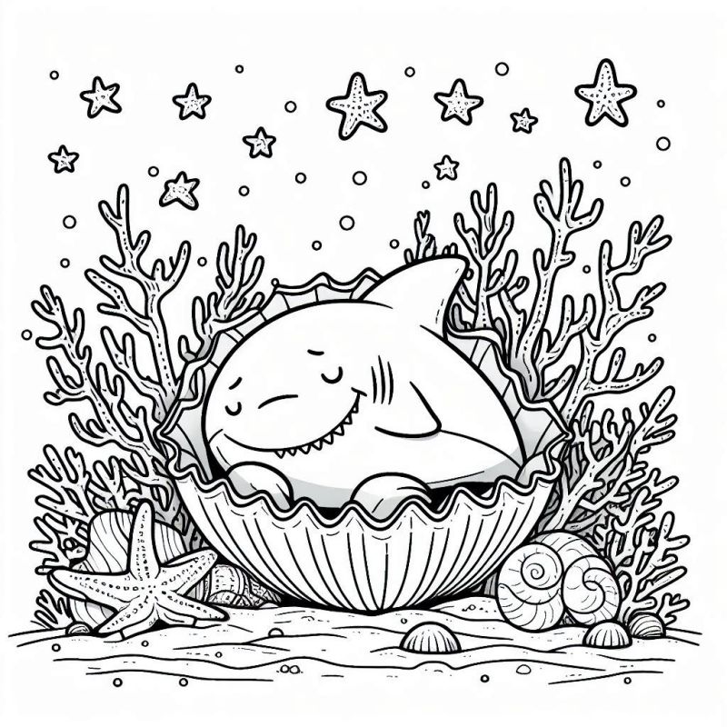Desenho de um tubarão amigável dormindo em uma concha aberto cercado por corais e estrelas do mar