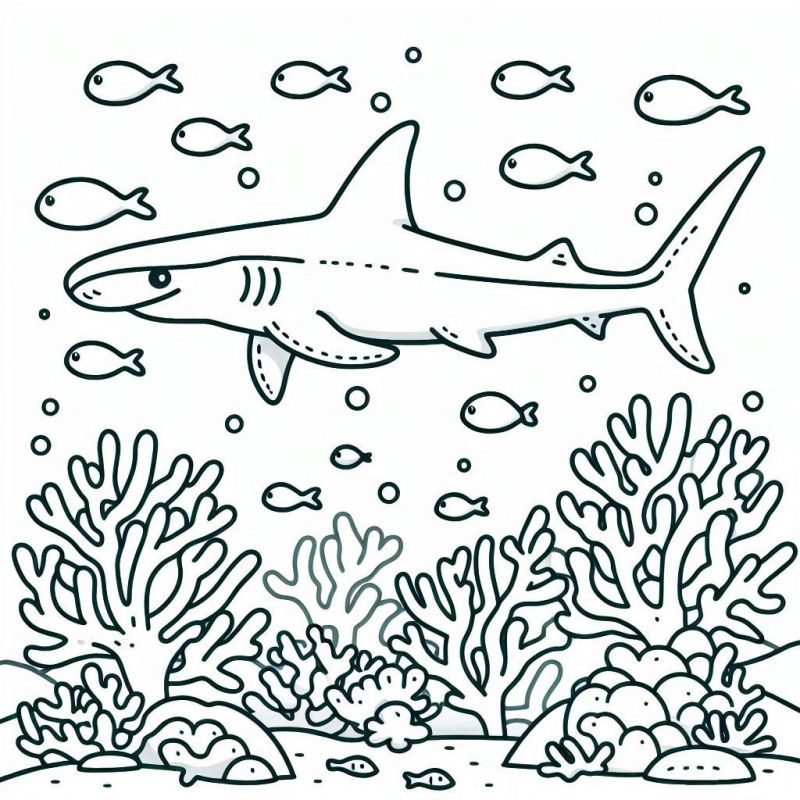 Desenho de tubarão amigável em cenário submarino com corais e peixes