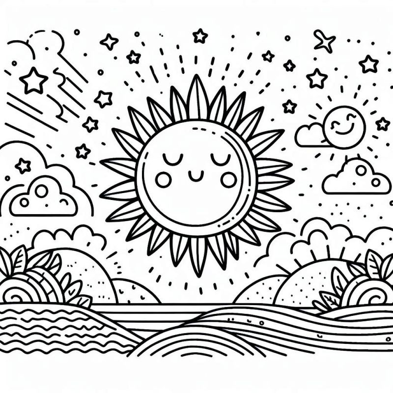 Cenário Lúdico Encantador para Colorir – Sol, Lua e Estrelas