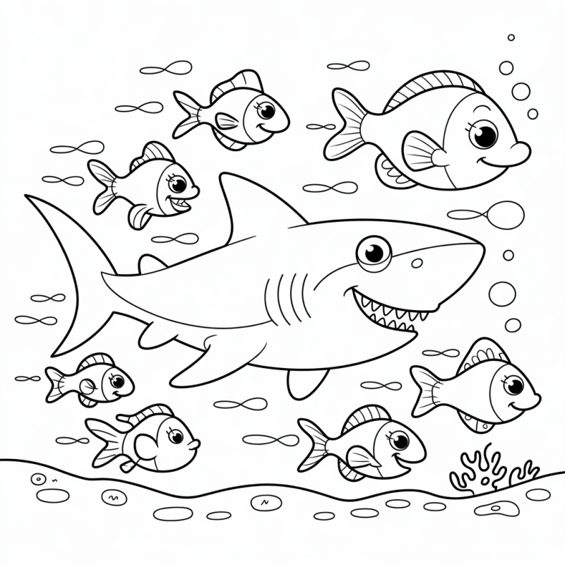 Colorir um Tubarão Divertido em um Cenário Marinho Alegre