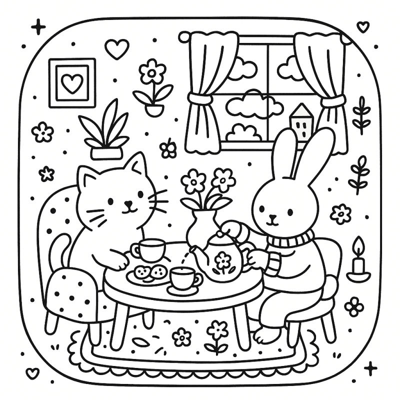 Cena acolhedora de coelho e gato com chá para colorir