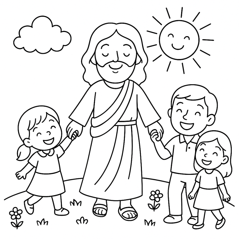 Desenho de Jesus alegre com crianças em um campo florido para colorir