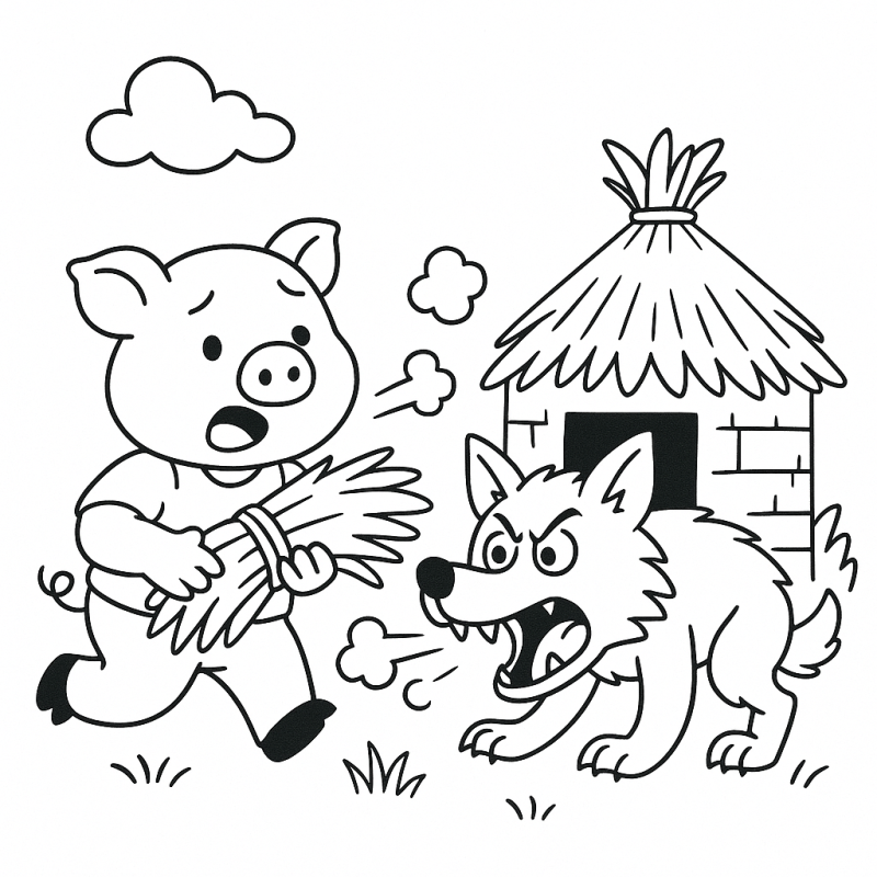 Desenho de um porquinho correndo com palhas e um lobo feroz ao fundo na casa de palha para colorir.