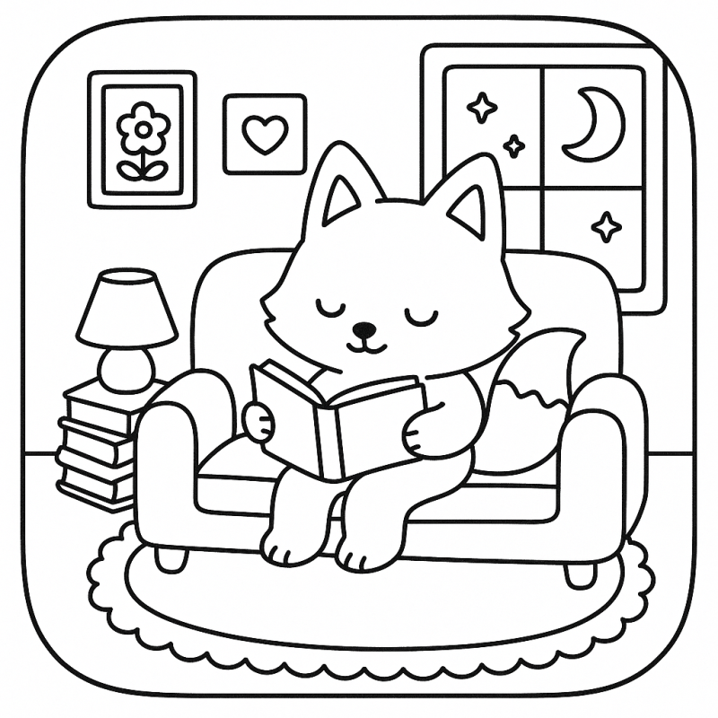 Desenho para colorir de um animal fofo lendo em um sofá acolhedor