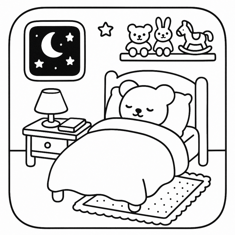 Cena acolhedora de um quarto infantil estilo Boobie Goods para colorir