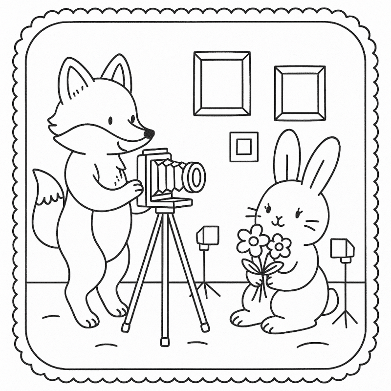 Cena de uma raposa com câmera vintage e coelho com flores em um estúdio fotográfico