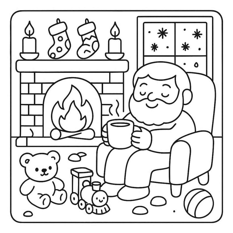 Desenho de Papai Noel na lareira com bebida quente e flocos de neve ao fundo