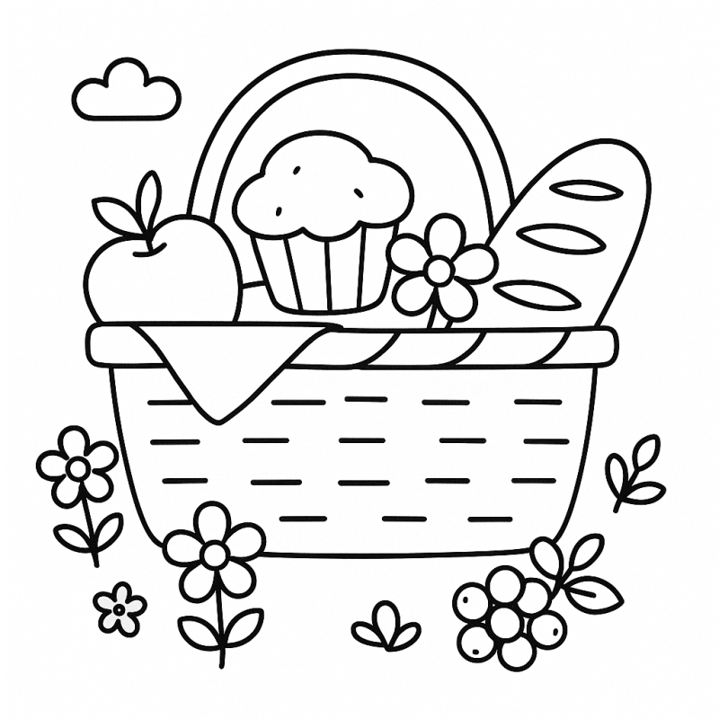 Desenho da cesta de piquenique da Chapeuzinho Vermelho para colorir