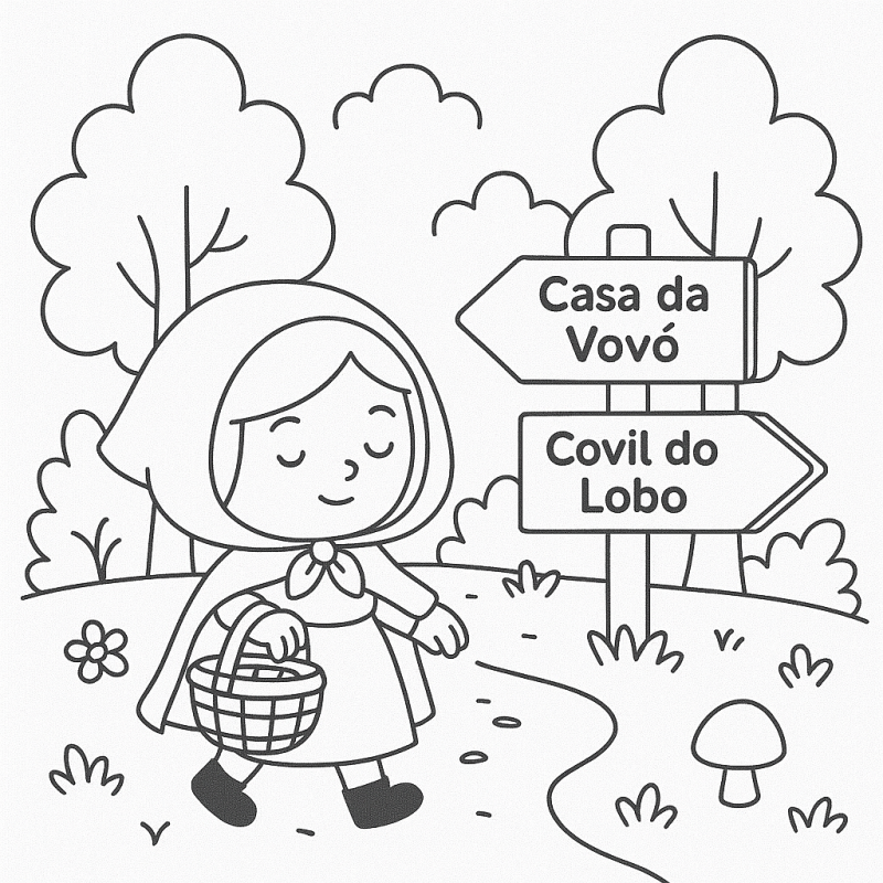 Desenho de Chapeuzinho Vermelho na floresta com placa de direções para colorir