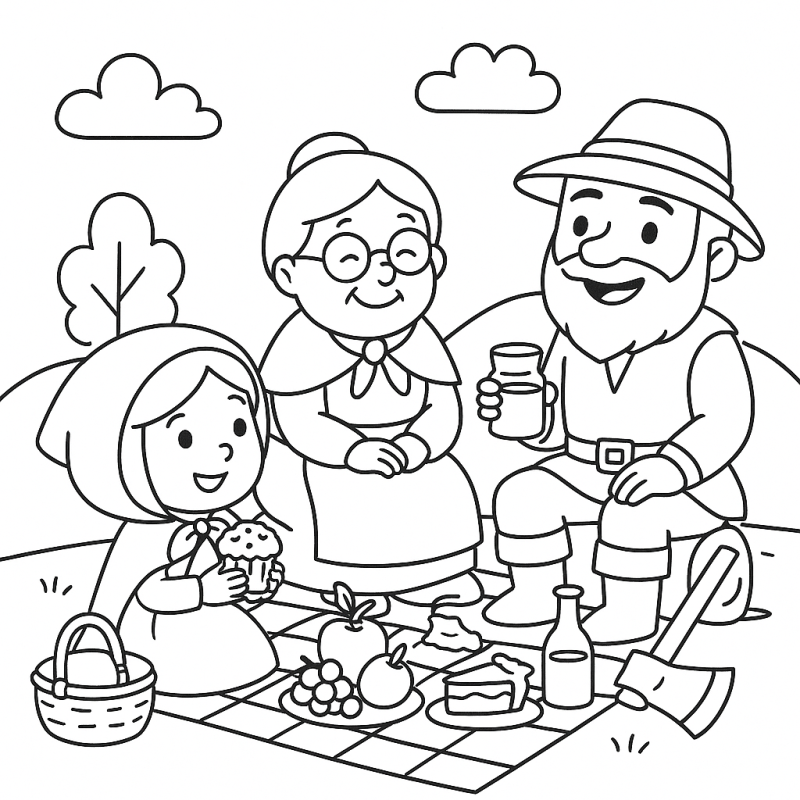 Desenho para colorir de Chapeuzinho Vermelho em um piquenique no campo com sua avó e um lenhador