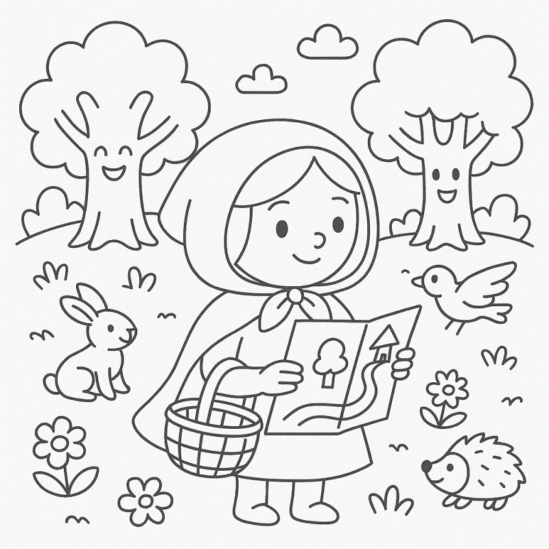 Desenho para colorir de uma cena encantada de Chapeuzinho Vermelho com elementos fofos.