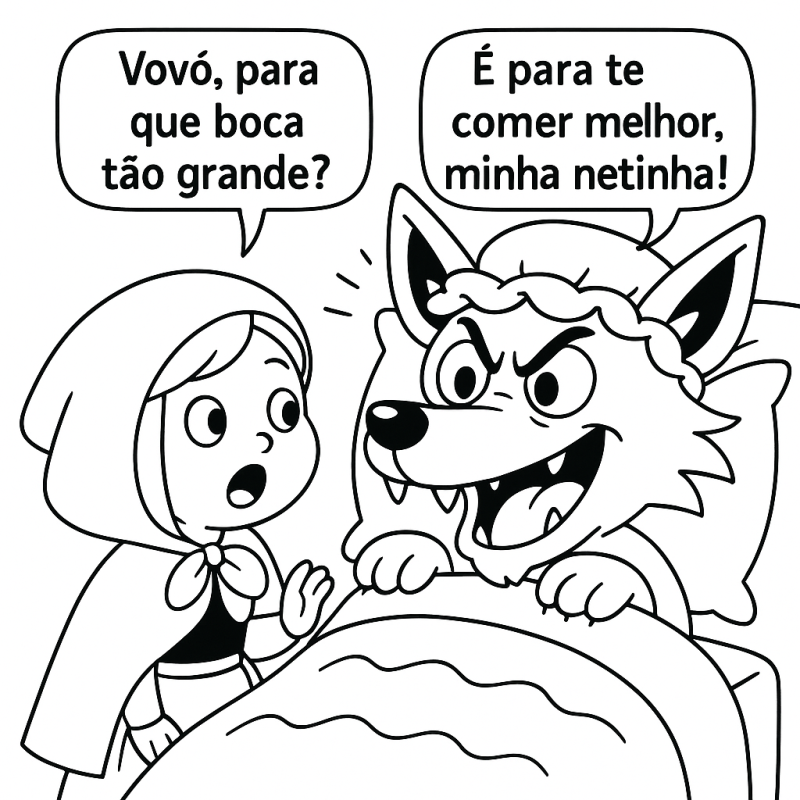 Cena de Chapeuzinho Vermelho e o Lobo disfarçado de vovó para colorir