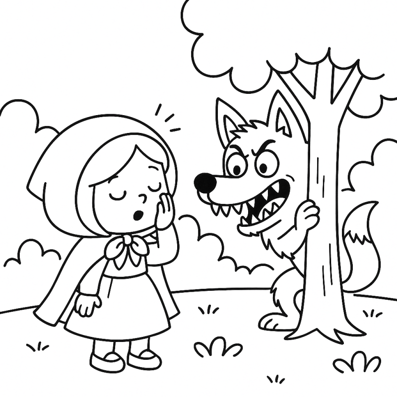 Desenho de Chapeuzinho Vermelho e o Lobo para colorir