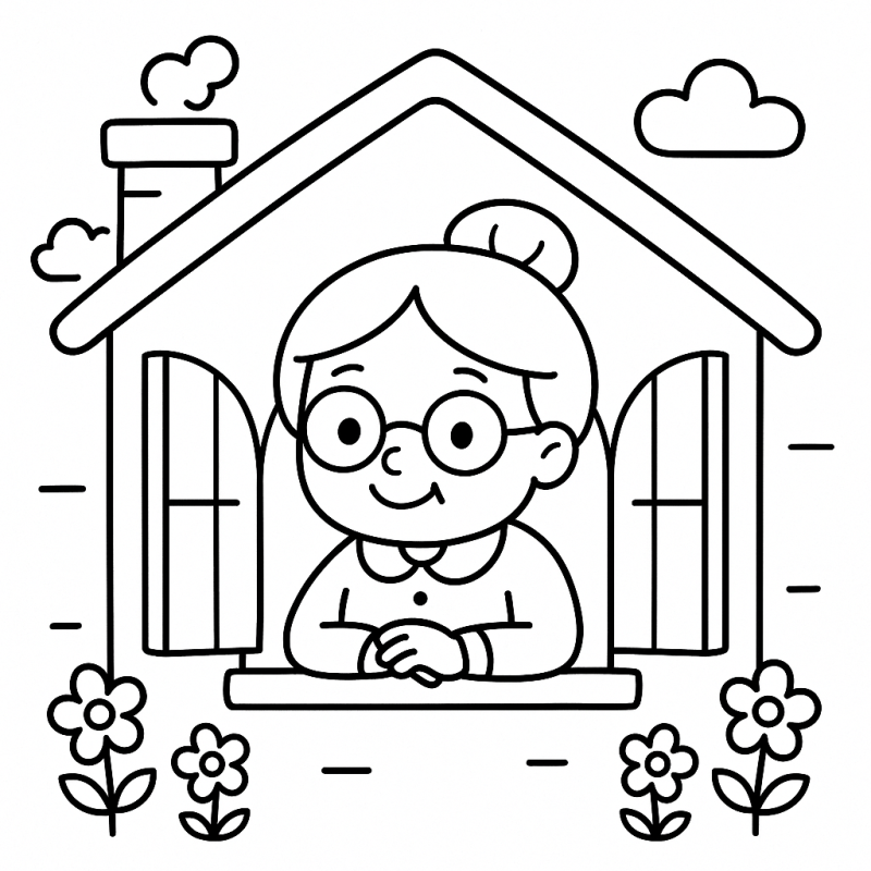 Desenho para colorir da Avó de Chapeuzinho Vermelho olhando pela janela
