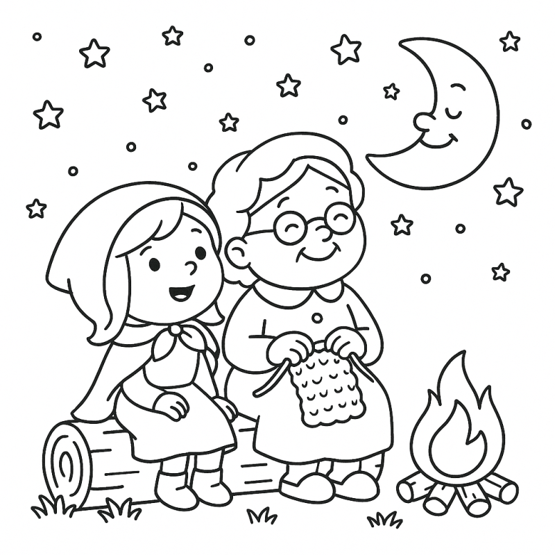 Desenho de Chapeuzinho Vermelho e a Vovó ao ar livre com fogueira e lua