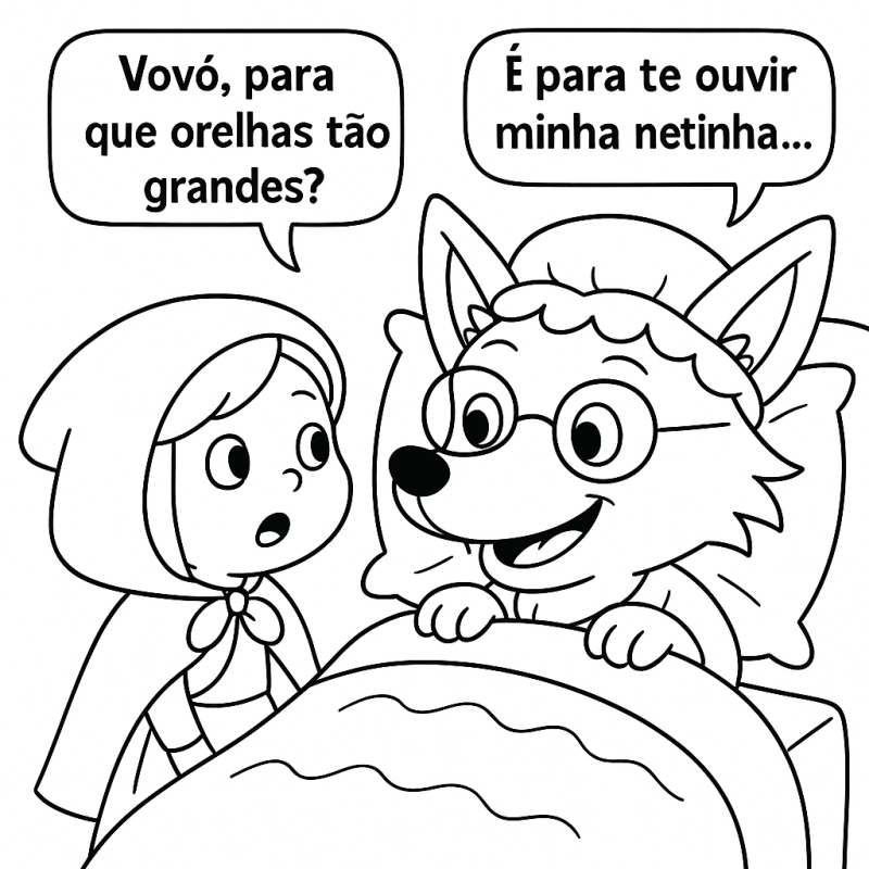 Chapeuzinho Vermelho e Lobo disfarçado de vovó prontos para colorir
