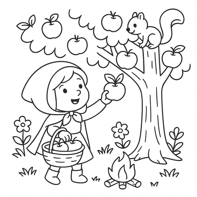 Desenho de Chapeuzinho Vermelho segurando maçã no bosque encantado