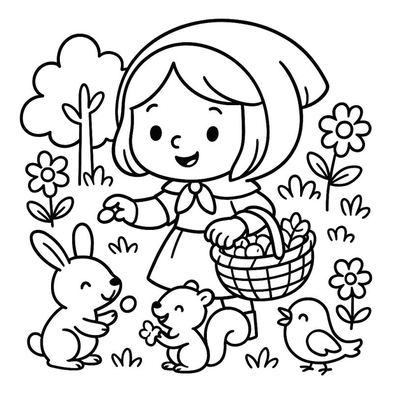 Cena de Chapeuzinho Vermelho com animais em bosque, para colorir
