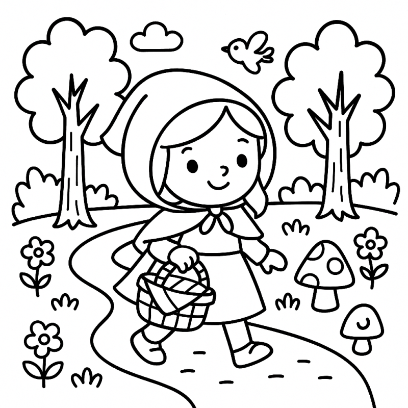 Ilustração para colorir de Chapeuzinho Vermelho na trilha da floresta