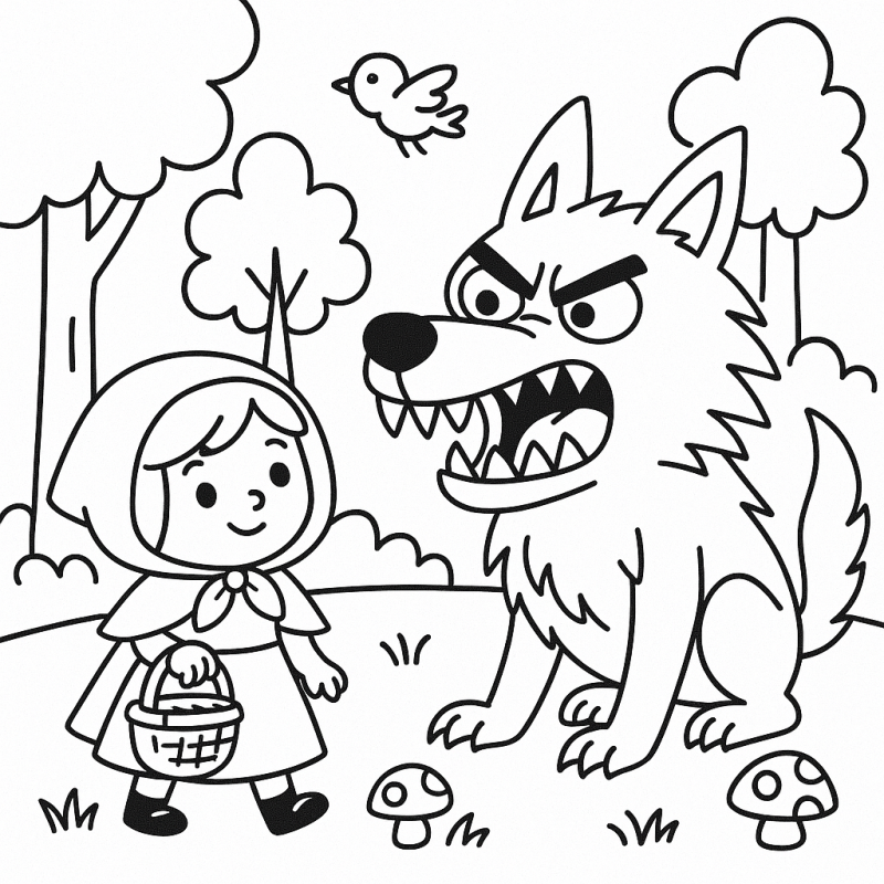 Desenho de Chapeuzinho Vermelho e lobo na floresta para colorir