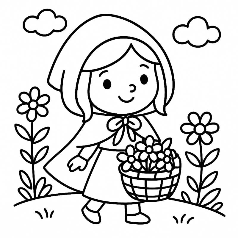 Desenho do conto Chapeuzinho Vermelho para colorir com flores e cenário campestre