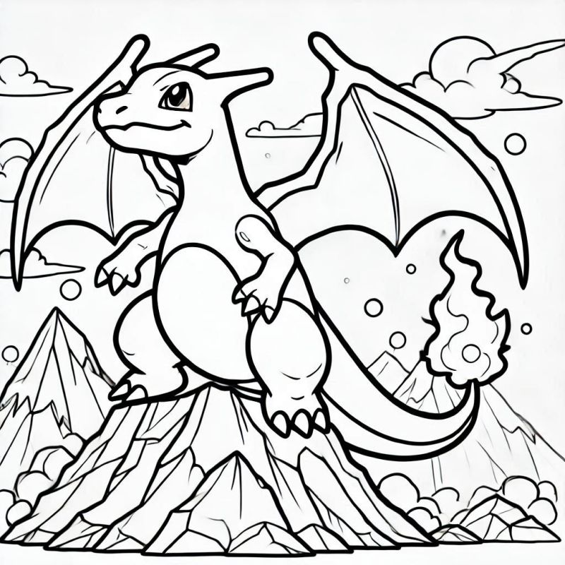 Desenho para Colorir: Charizard no Topo da Montanha