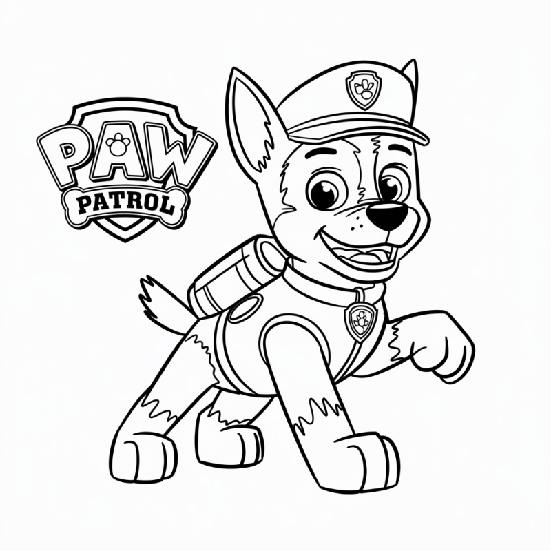 Desenho de Chase da Patrulha Canina sorrindo com mochila, pronto para colorir