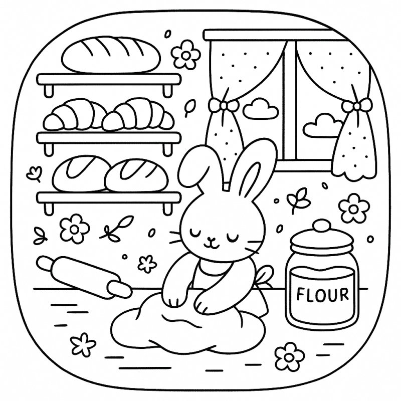 Coelhinho Alegre na Padaria - Desenho para Colorir Coelhinho fofo de avental amassando pães em uma padaria