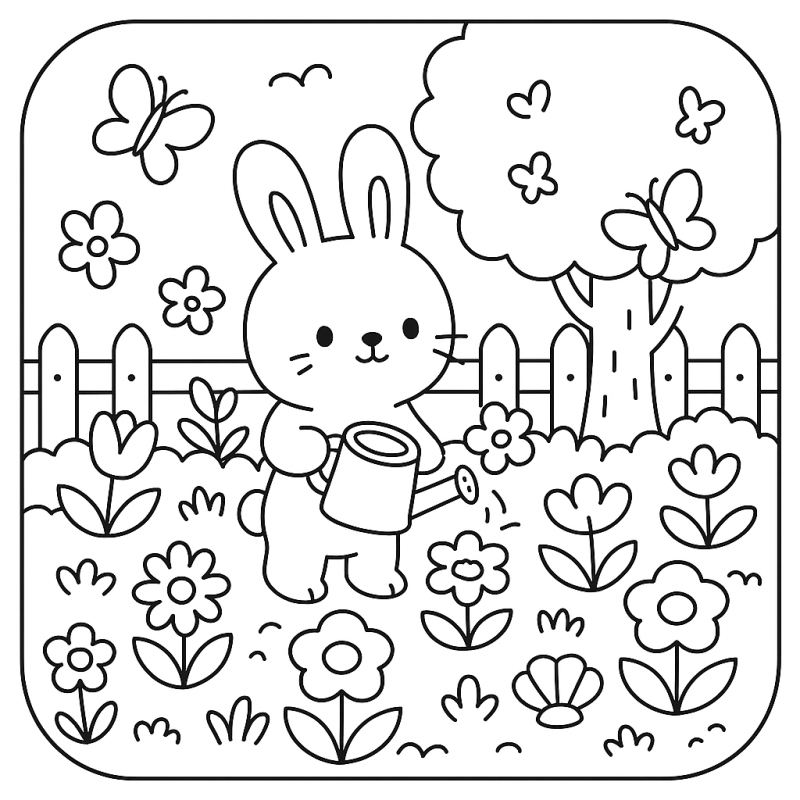 Desenho de coelhinho segurando regador em um jardim florido