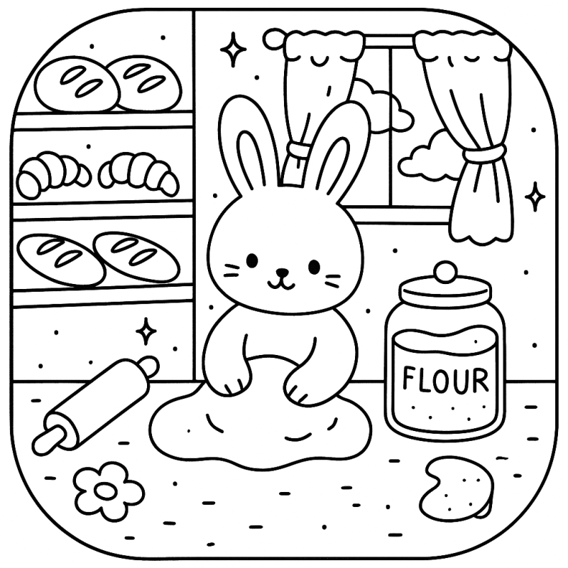 Colorindo a Aventura do Coelho na Padaria Desenho fofo de um coelho amassando massa na padaria, ideal para colorir e relaxar