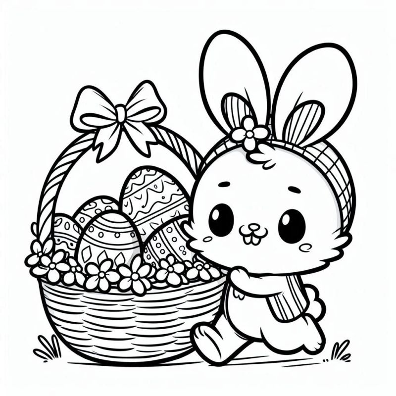 Desenho de Coelho Feliz com Cesta de Ovos de Páscoa para Colorir