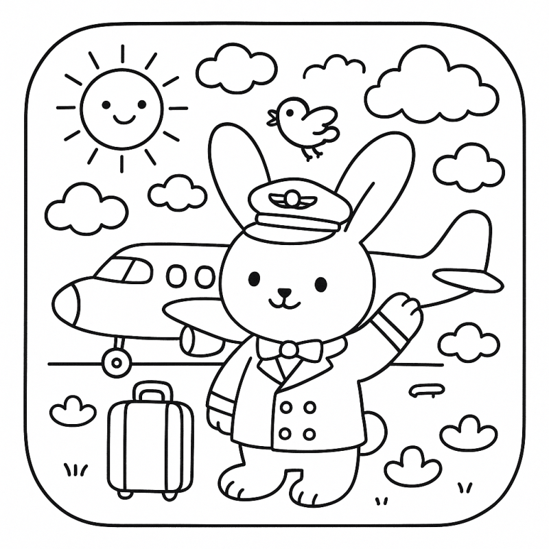 Desenho de coelho piloto em cenário fantasioso para colorir