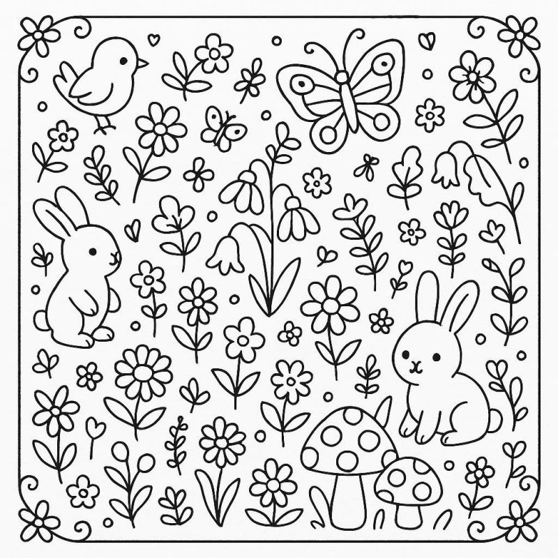 Desenho de dois coelhos no cenário campestre com borboleta e flores para colorir