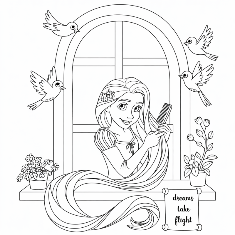 Rapunzel na janela com passaros ao redor