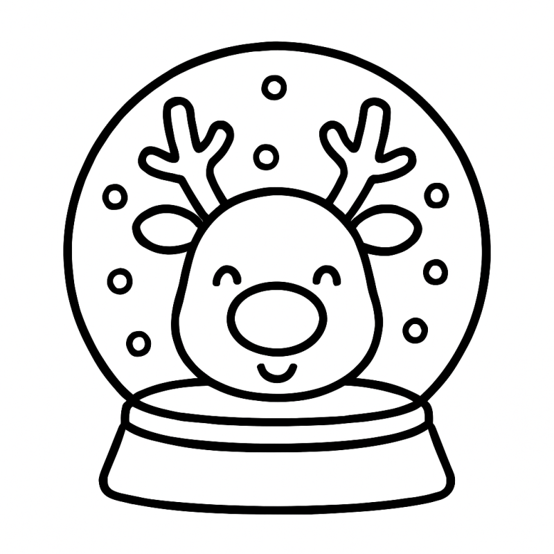 Desenho de uma rena feliz dentro de uma bola de neve para colorir, ideal para crianças pequenas.