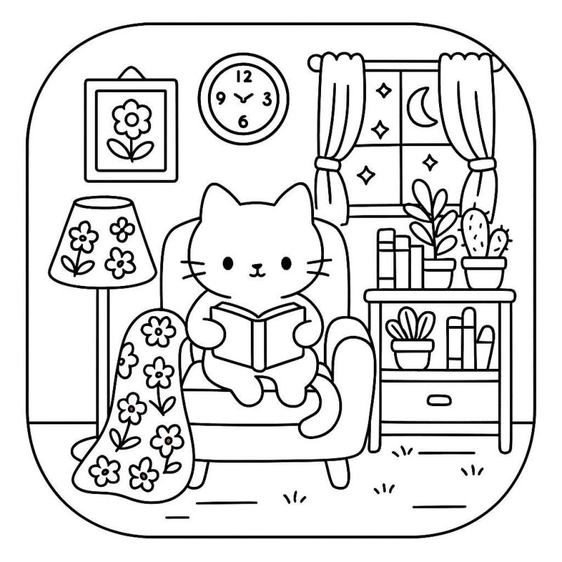Gato Leitor em Poltrona: Um Desenho para Colorir com Tranquilidade Desenho de um gato lendo em uma poltrona, estilo Boobie Goods
