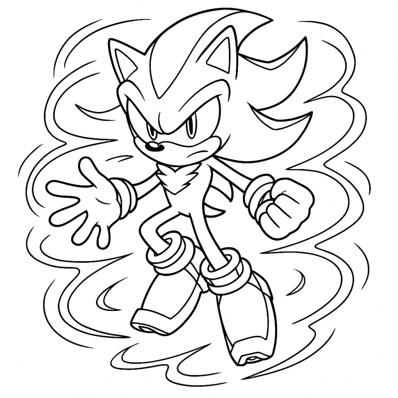 Desenho de Shadow em Chaos Control para colorir, mostrando o ouriço em uma pose dinâmica